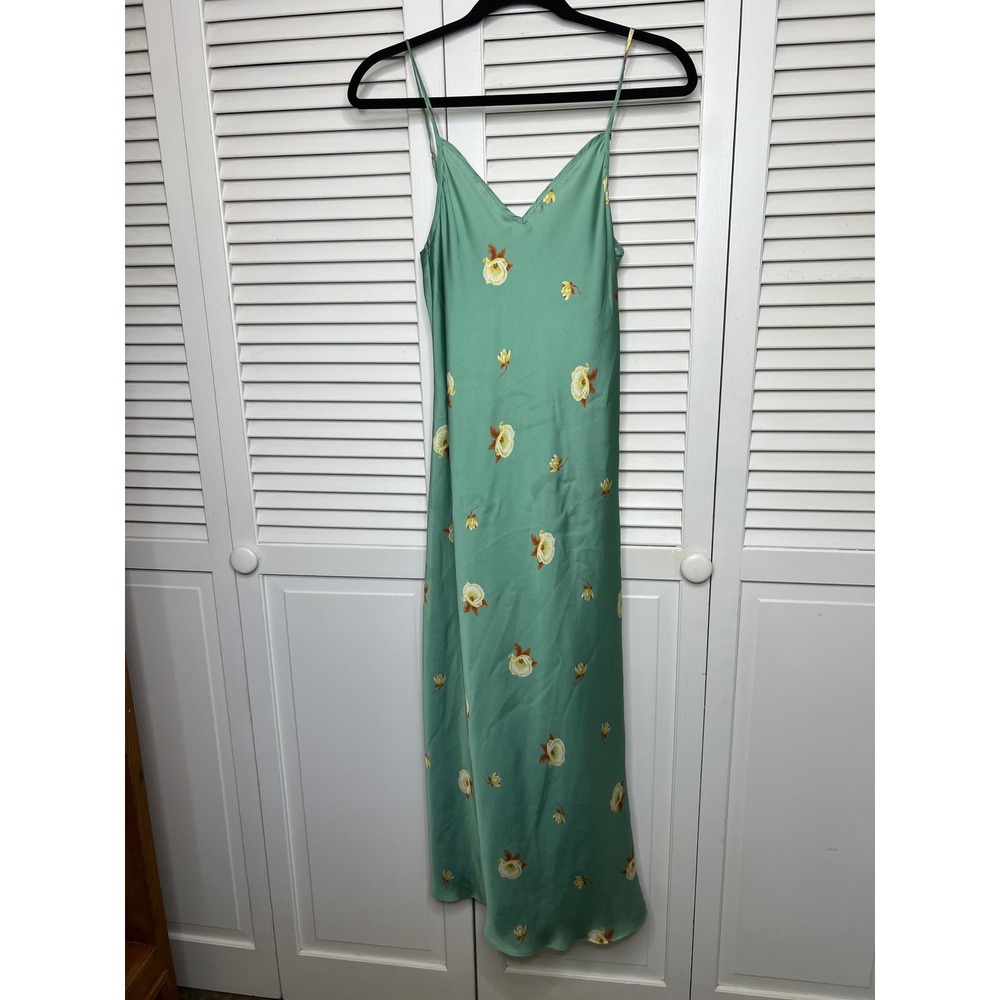 Zara Green Floral Y2K Satin Slip Dress Womens XS Cottagecore Maxi